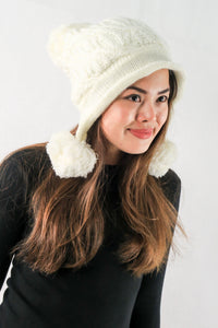 หมวกไหมพรมแต่งลูกตุ้ม บุขนหนาด้านใน - Winter Fleece Lining Beanie Hat with Pom