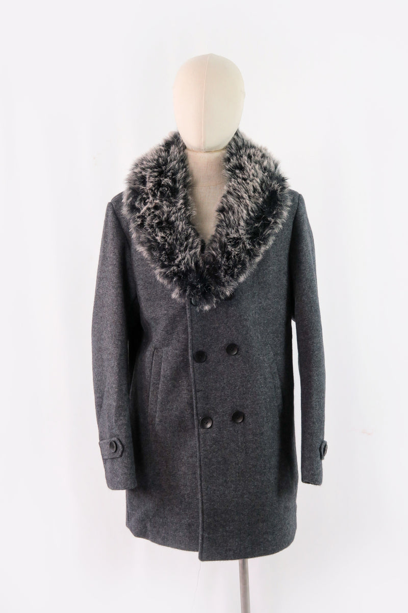 เสื้อโค้ทผ้าวูลคอปกแต่งขน  - Faux Fur Wool Blend Coat