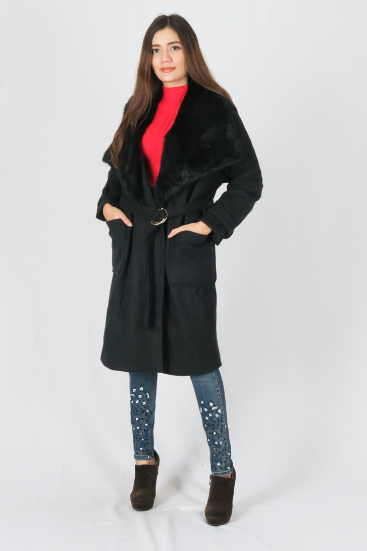 เสื้อโค้ทผ้าวูลกันหนาว - Double-Breasted Woolen Coat with Belt
