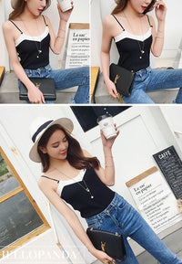 เสื้อไหมพรมสายเดี่ยวทูโทน - Spagetti Straps Knit Cropped Top