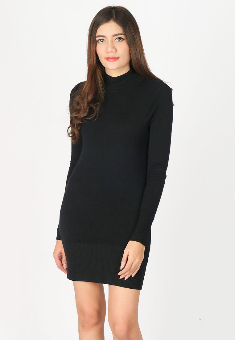 เสื้อไหมพรมแคชเมียร์คอสูงแบบยาว - Basic Plain Solid Slim Long Sections Cashmere Sweater