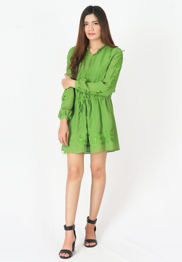 เดรสสั้นแขนยาวปักลาย - Embroidered Long Sleeves Chiffon Dress