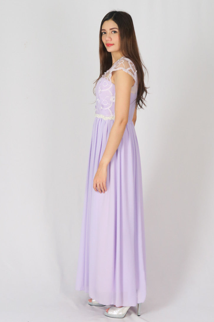 ชุดราตรียาว - Lace Cap Sleeve Evening Party Maxi Dress