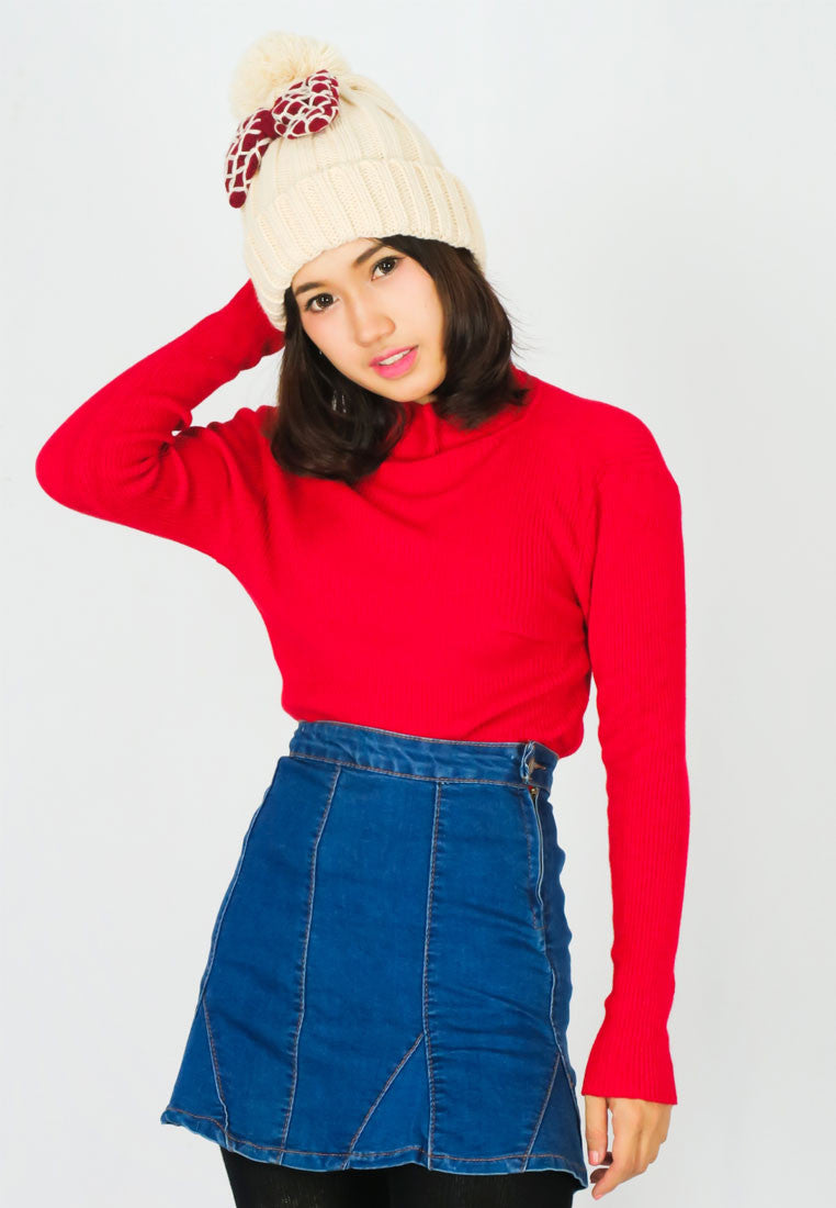 เสื้อไหมพรมคอสูงแขนยาวทอลายริ้วลง - Slim-fit Ribbed Mock turtle Sweater with thumb hole