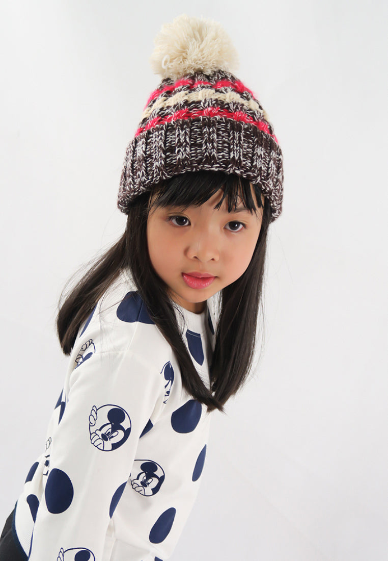 หมวกไหมพรมโบฮีเมียนลายเส้นมีปอม - Bohemian Stripe Crochet Knit Slouchy Pom Pom Beanie Winter Hat