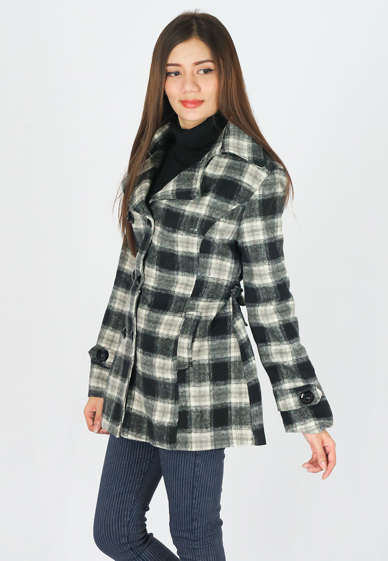 เสื้อโค้ทผ้าวูลลายสก็อตกันหนาว - Double-Breasted Woolen Plaid Coat