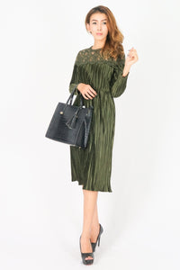 เดรสกำมะหยี่แต่งลูกไม้ - Lace Pleated Velvet Midi Dress