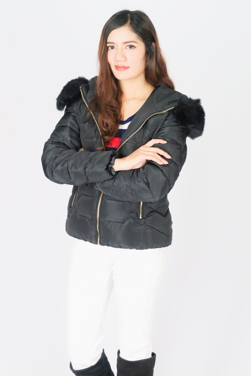 เสื้อโค้ทดาวน์กันหนาวมีฮู้ดขนสัตว์ - Short Parka Fuffer Down Coat With Fur Hood