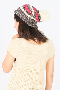 หมวกไหมพรมโบฮีเมียนลายเส้นมีปอม - Bohemian Stripe Crochet Knit Slouchy Pom Pom Beanie Winter Hat