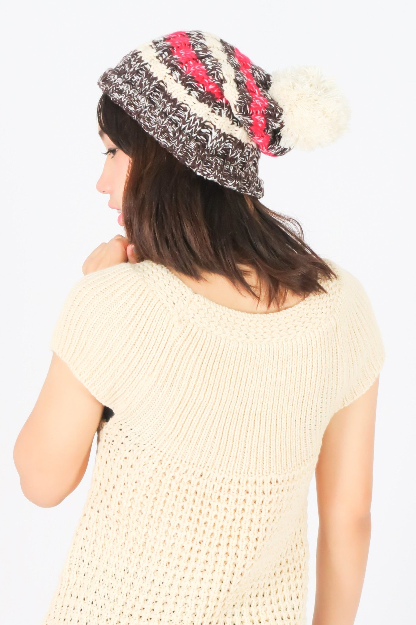 หมวกไหมพรมโบฮีเมียนลายเส้นมีปอม - Bohemian Stripe Crochet Knit Slouchy Pom Pom Beanie Winter Hat