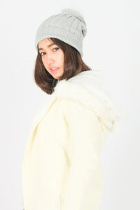 หมวกไหมพรมทรงบีนนี่แต่งปอม -  Beanie Fleece Lining Knit Hat
