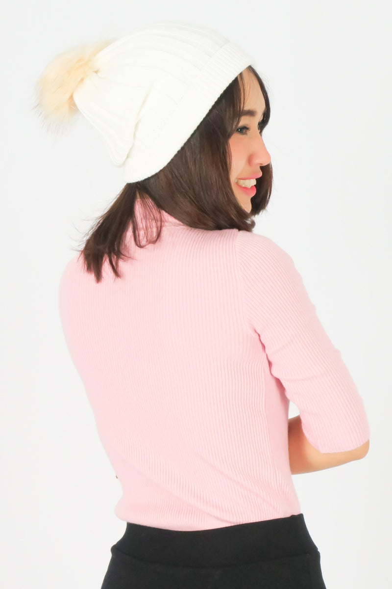 หมวกไหมพรมทรงบีนนี่แต่งปอม -  Beanie Fleece Lining Knit Hat