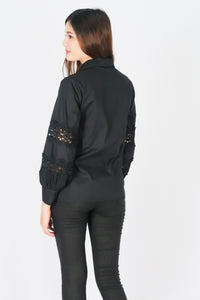 เสื้อเชิ้ตแต่งลูกไม้ - Lace Puff Sleeves Cotton Shirt