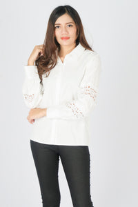 เสื้อเชิ้ตแต่งลูกไม้ - Lace Puff Sleeves Cotton Shirt