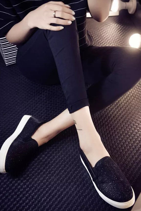 รองเท้าผ้าใบ กลิตเตอร์  -  Glitter Canvas Platform Slip-On Flats Shoes