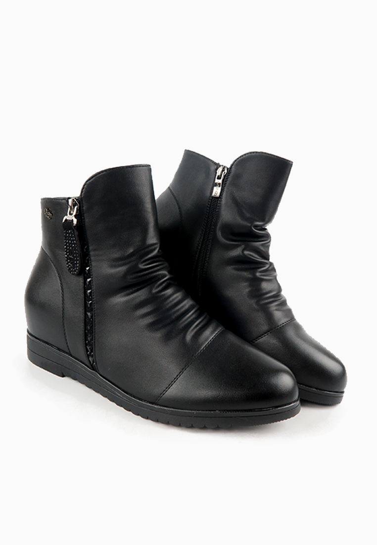รองเท้าบูทหนังกันหนาว เสริมส้นภายใน (ไซส์พิเศษ) - Wedge Leather Ankle Boots