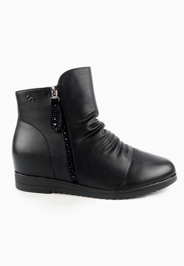 รองเท้าบูทหนังกันหนาว เสริมส้นภายใน (ไซส์พิเศษ) - Wedge Leather Ankle Boots