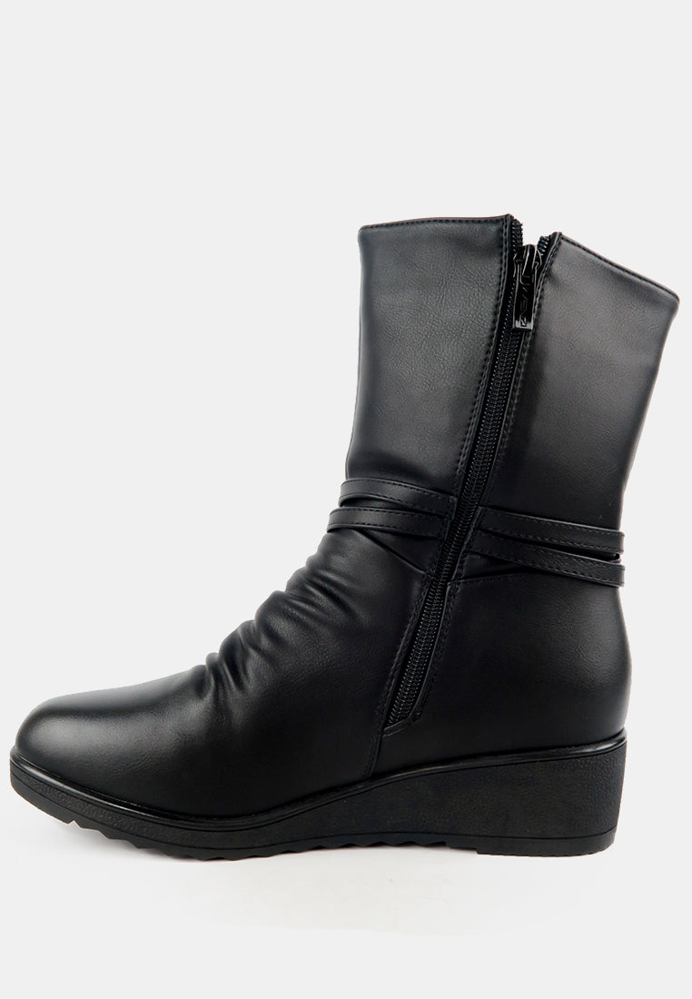 รองเท้าบูทหนัง กันหนาว ไซส์พิเศษ - Leather Wedge Riding Mid-Calf Boots