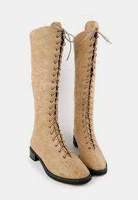 รองเท้าบูทแฟชั่นทรงสูง - Lace-up Combat Cuff Riding High-Calf Boots