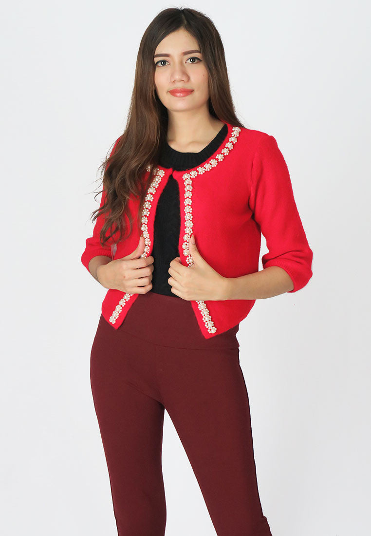 เสื้อคลุมไหมพรมตัวสั้นแต่งมุกแถว - Crop Knit Wool Cardigan with Pearl Row