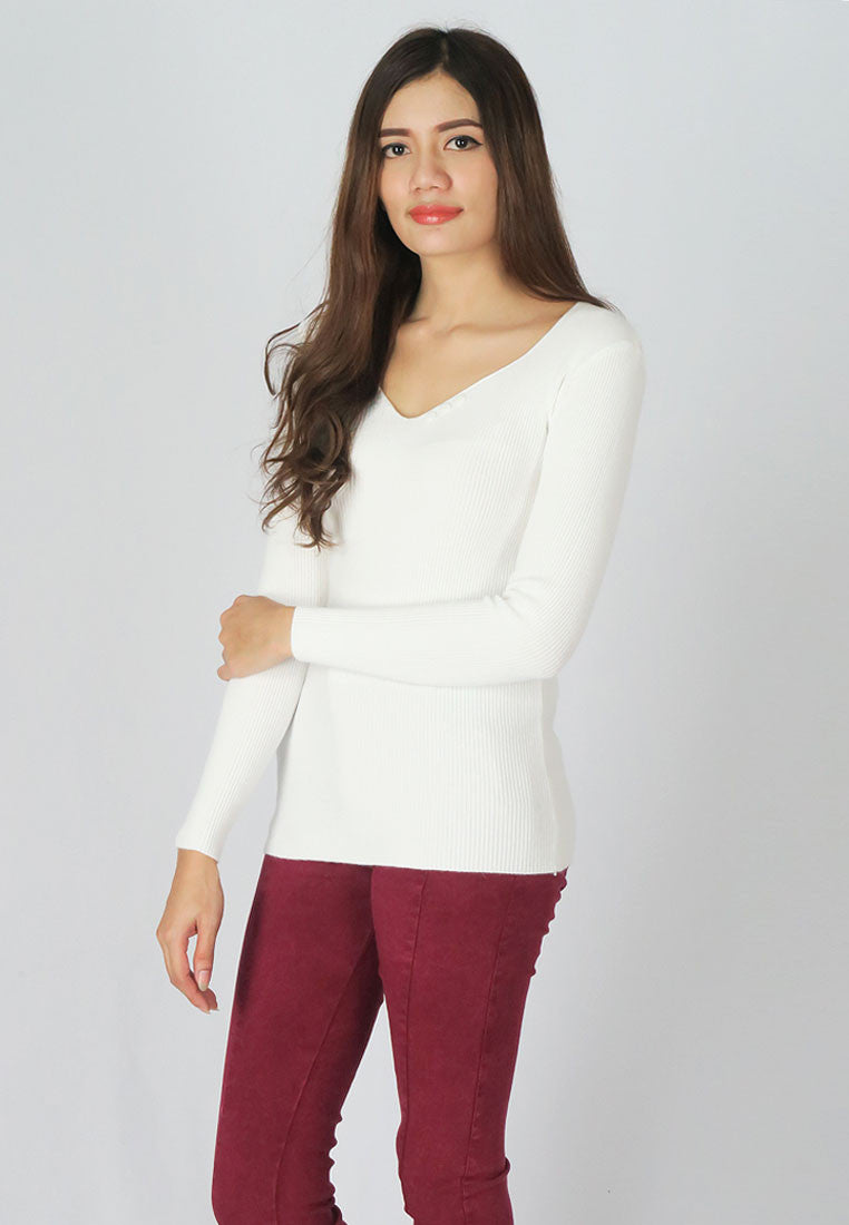 เสื้อไหมพรมคอวีแต่งกระดุม - Slim-Fit Long Sections V Neck Sweater with Botton