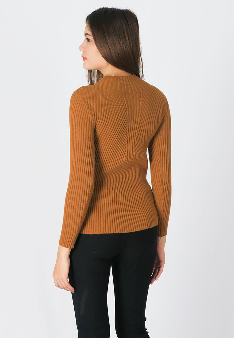 เสื้อไหมพรมสเวตเตอร์ผ้าแคชเมียร์ - Modern Ribbed Mockneck Soft Cashmere Sweater