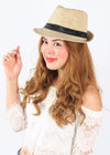 หมวกทรงสานปีกสั้นคาดแถบผ้าสีดำ - Summer Short Brim Straw Fedora Hat