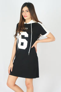 ชุดเดรสเเขนสั้นเเต่งฮู้ด - Hooded Soft Cotton Mini Dress