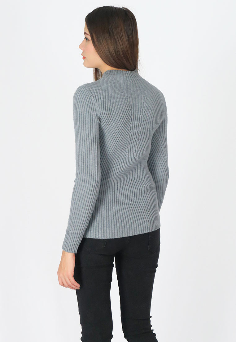 เสื้อไหมพรมสเวตเตอร์ผ้าแคชเมียร์ - Modern Ribbed Mockneck Soft Cashmere Sweater