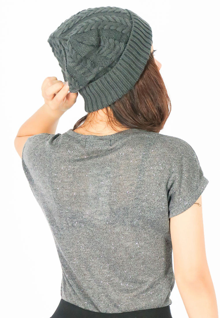 หมวกไหมพรมถักลายเปีย บุขนด้านใน H012- Unisex Cable Knit Fleece Lining Knit Beanie Ski Hat