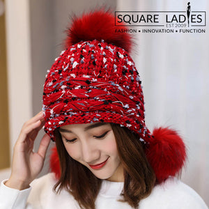 หมวกไหมพรมแต่งปอม บุขนหนาด้านใน - Winter Fleece Lining Beanie Hat with Pom