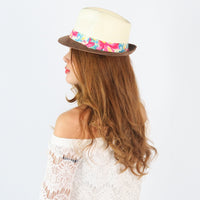 หมวกสานปานามาปีกสั้นแถบลาย - Two Tone Summer Hat with Floral Band