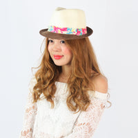 หมวกสานปานามาปีกสั้นแถบลาย - Two Tone Summer Hat with Floral Band