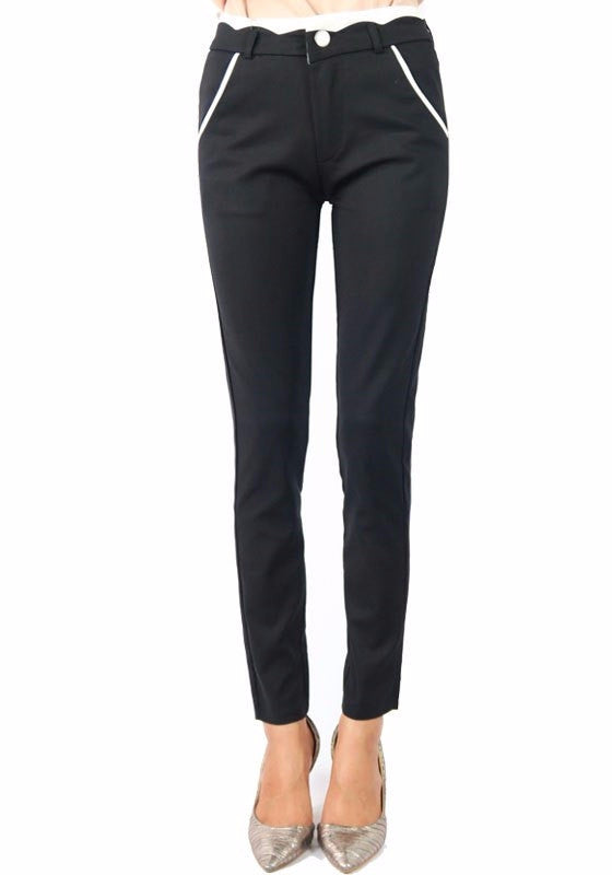 กางเกงขายาวแต่งแถบขาว - Mid-Rise Skinny Trousers