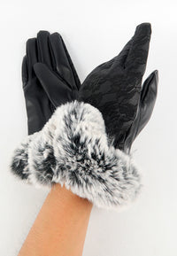 ถุงมือหนังขนเฟอร์แต่งลูกไม้ทัชสกรีน - Winter Warm Rabbit Fur Soft Leather Touchscreen Gloves