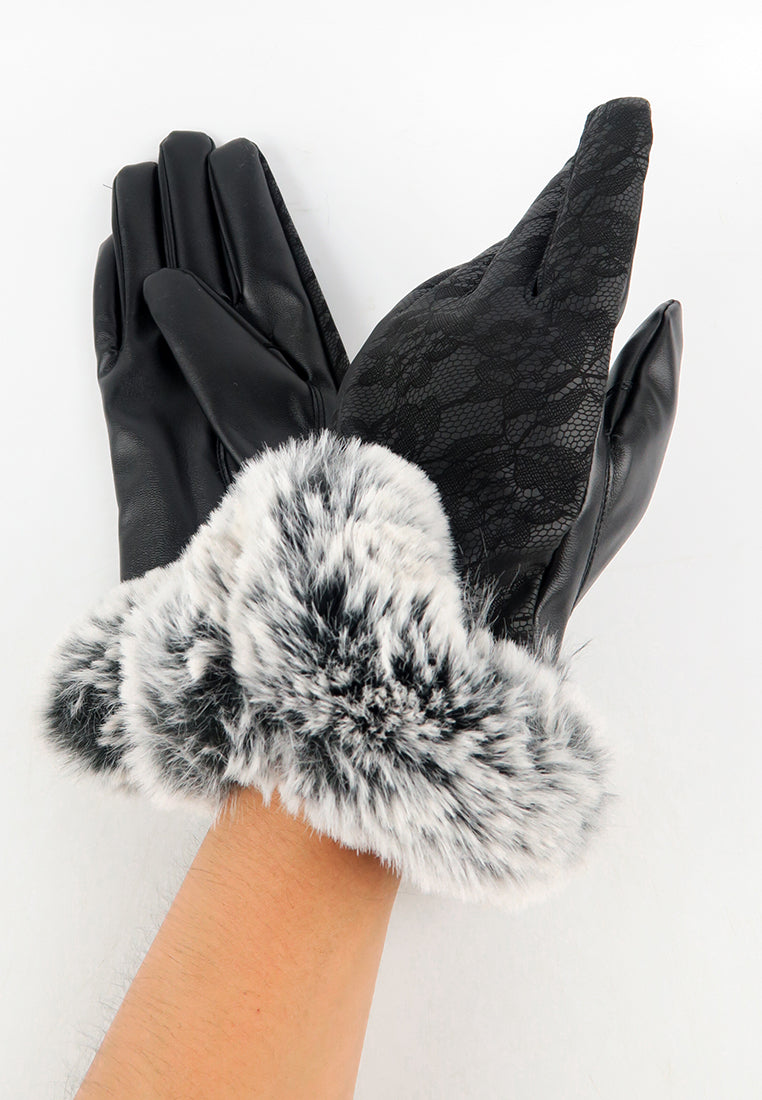 ถุงมือหนังขนเฟอร์แต่งลูกไม้ทัชสกรีน - Winter Warm Rabbit Fur Soft Leather Touchscreen Gloves