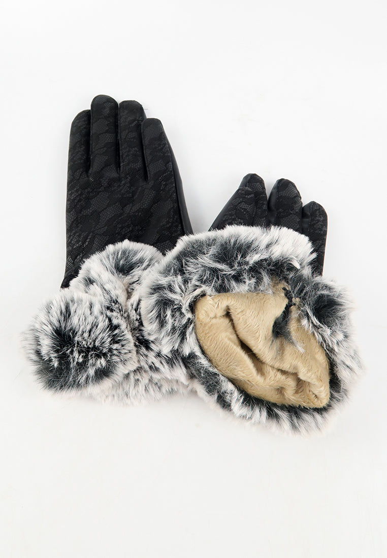 ถุงมือหนังขนเฟอร์แต่งลูกไม้ทัชสกรีน - Winter Warm Rabbit Fur Soft Leather Touchscreen Gloves
