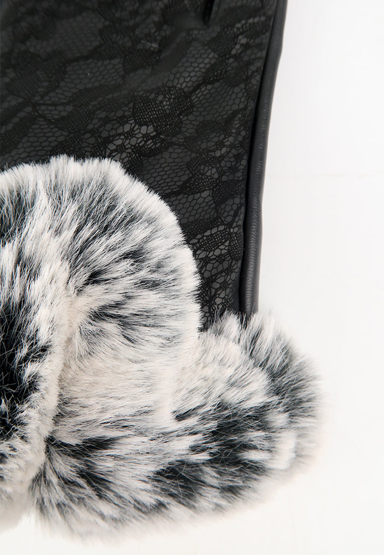ถุงมือหนังขนเฟอร์แต่งลูกไม้ทัชสกรีน - Winter Warm Rabbit Fur Soft Leather Touchscreen Gloves