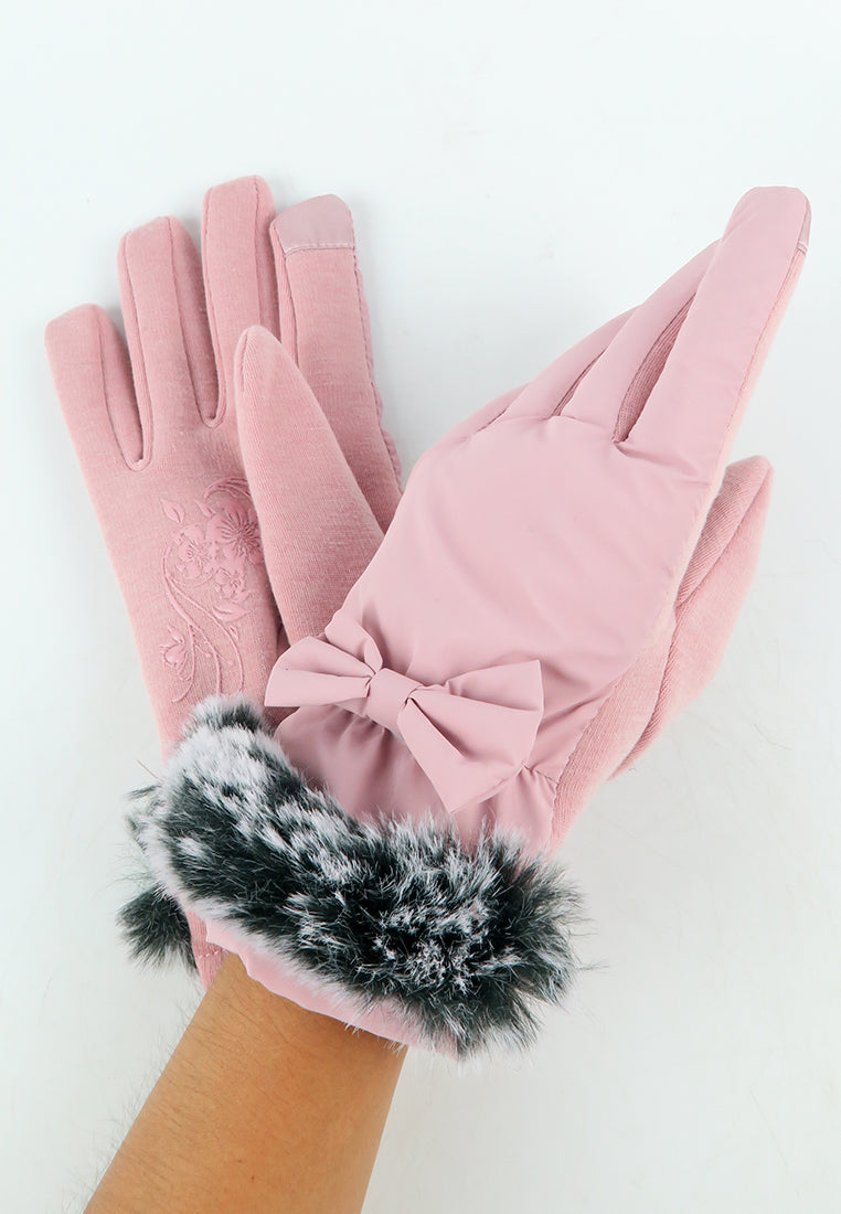 ถุงมือกันหนาว บุขน แต่งโบว์ - Insulated Thermal Down Gloves