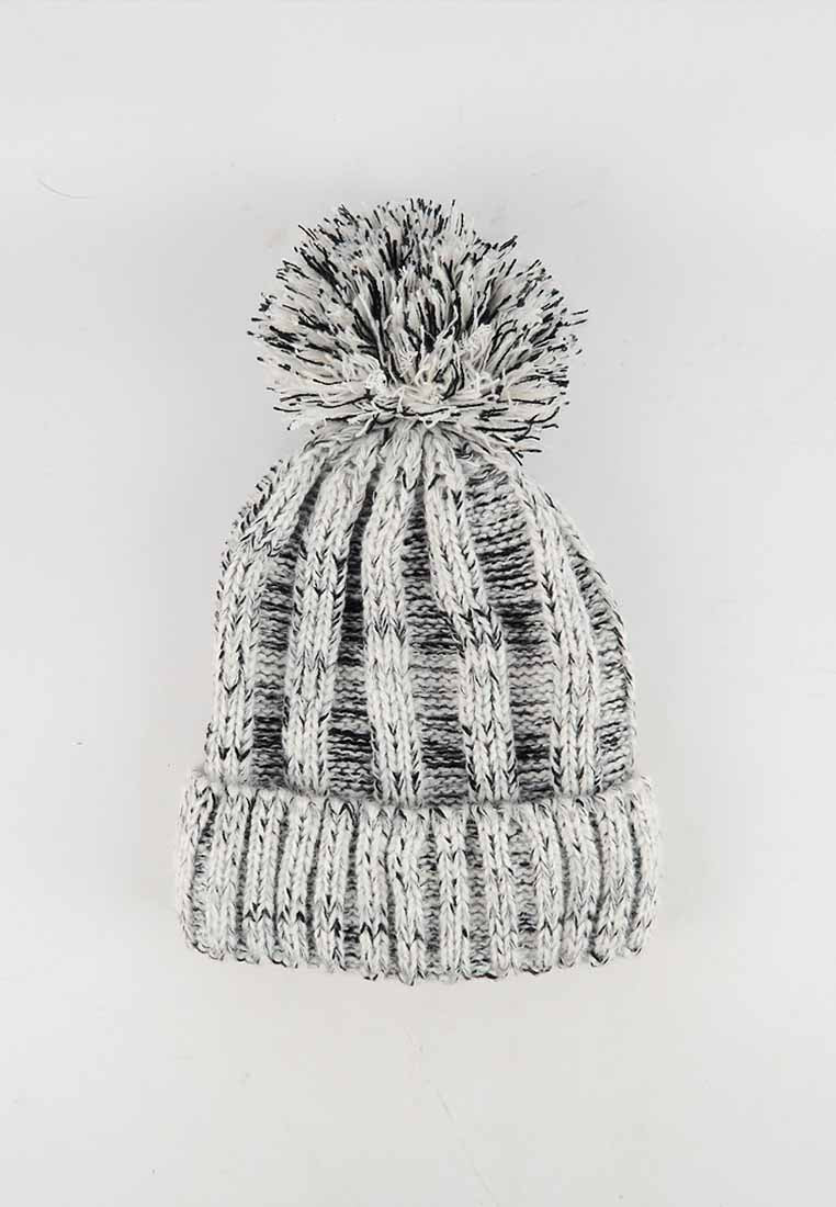 หมวกไหมพรม ทรงบีนนี่แต่งปอม แบบบุขนด้านใน - Thick Cable Knitted Fleece Lined Pom Pom Beanie Hat