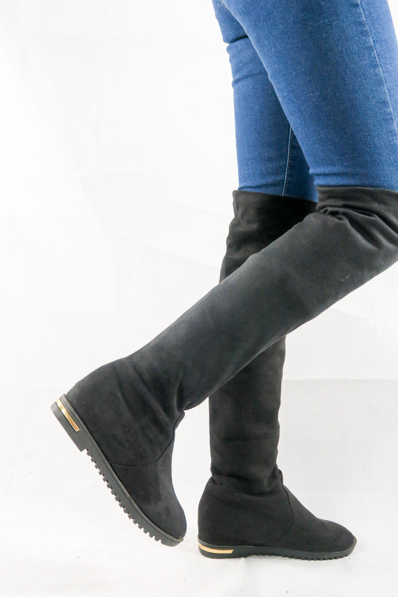 รองเท้าบูทกันหนาวทรงสูง หนังกำมะหยี่ สีดำ - Ladies Winter Knee High Suede Long Boots