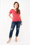 เสื้อยืดแฟชั่นสายไขว้ - Solid Cotton Cut Out T-Shirt Top
