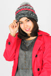 หมวกไหมพรมโบฮีเมียนลายเส้นมีปอม - Bohemian Stripe Crochet Knit Slouchy Pom Pom Beanie Winter Hat