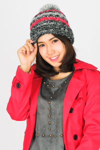 หมวกไหมพรมโบฮีเมียนลายเส้นมีปอม - Bohemian Stripe Crochet Knit Slouchy Pom Pom Beanie Winter Hat