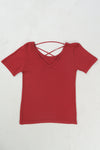 เสื้อยืดแฟชั่นสายไขว้ - Solid Cotton Cut Out T-Shirt Top