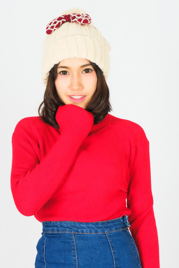หมวกไหมพรมทรงบีนนี่แต่งปอมโบว์แดง - Winter Black Pom Pom Knit Beanie Hats With Red Bow