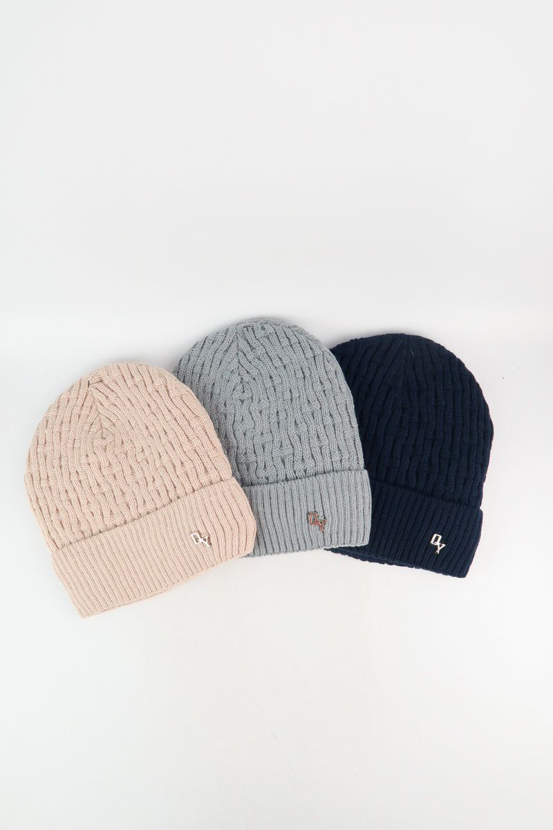 หมวกไหมพรมถักลาย พับขอบ สำหรับกันหนาว - Unisex Cable Knit Fleece Lining Knit Beanie Ski Hat