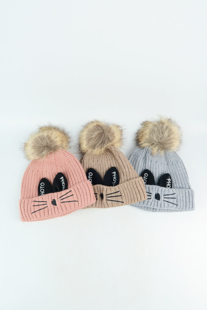 หมวกไหมพรม หมวกถักกันหนาว ทรงบินนี่ แบบบุขนด้านใน สำหรับเด็ก 1-5 ขวบ - Winter Animal Kids Warm Cat Ears Beanie Knitted Fleece Lined Hat (1-5 Years)