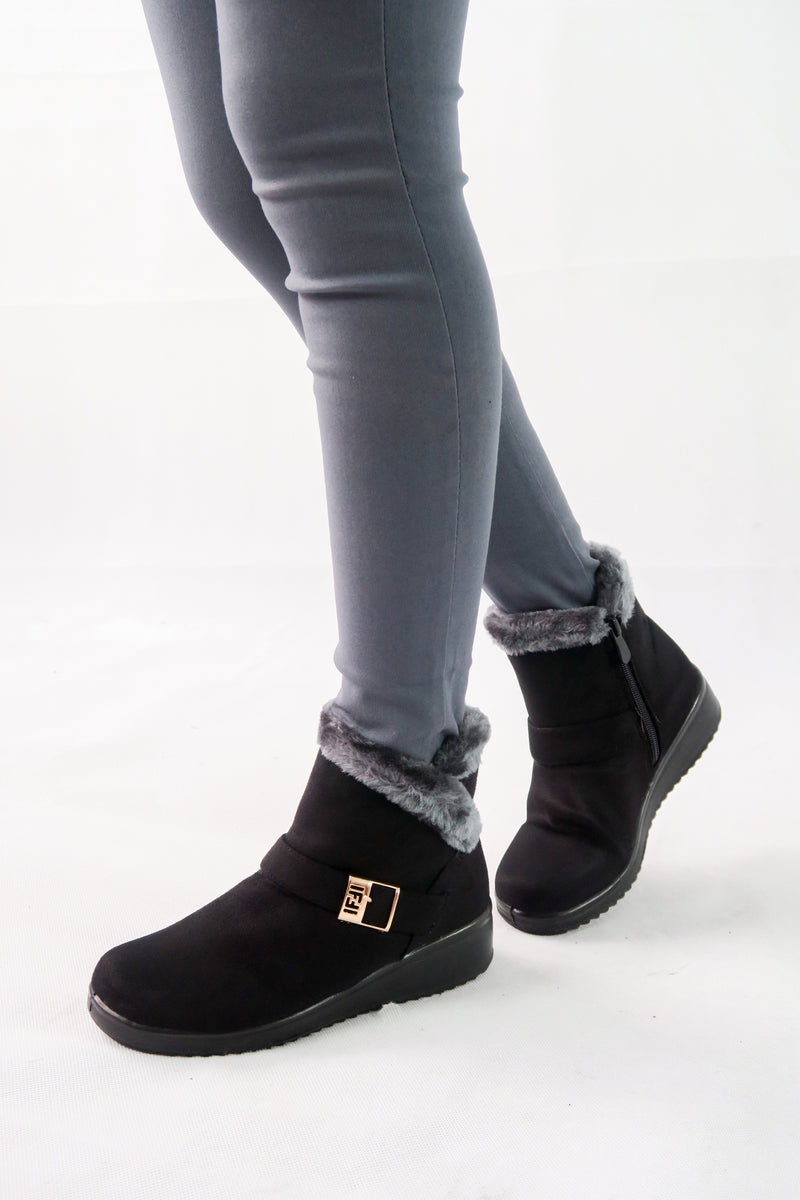 รองเท้าบูทหนังกำมะหยี่กันหนาวบุขน No.575 - Winter Faux Suede Button Warm Fur Lined Ankle Boots