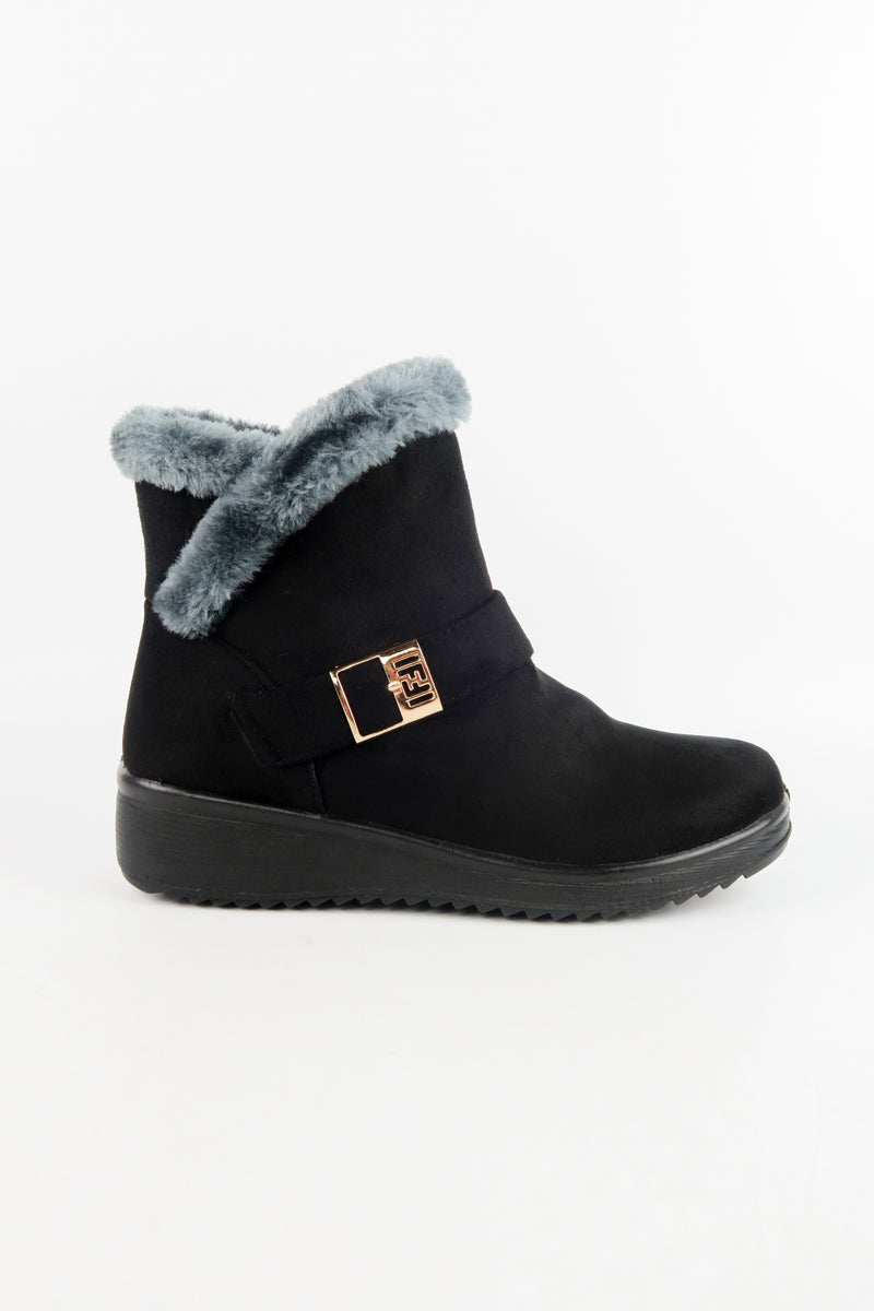 รองเท้าบูทหนังกำมะหยี่กันหนาวบุขน No.575 - Winter Faux Suede Button Warm Fur Lined Ankle Boots